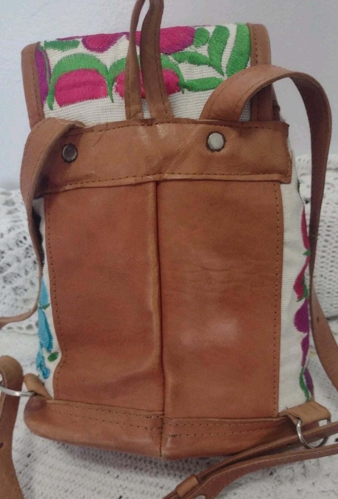 Vintage Handmade Embroidered Floral Leather Mini Backpack Boho Folk Art
