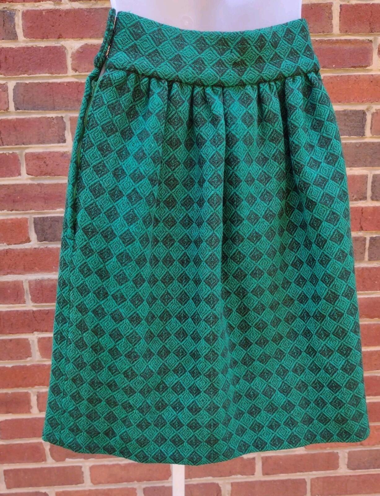 Vintage 60s Handmade Green Wool Mini Skirt Mod Twiggy Schoolgirl Pockets