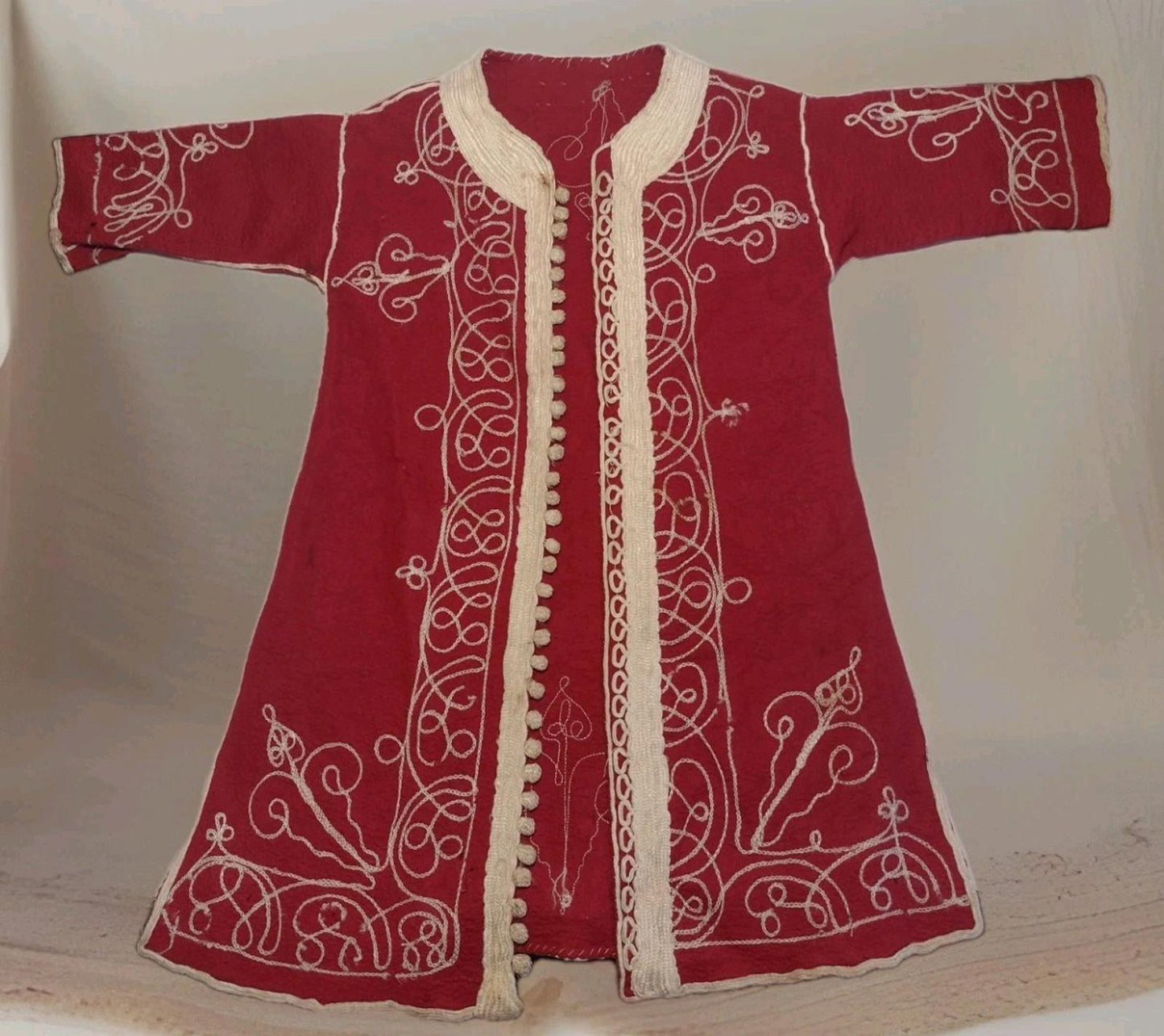Antique Central Asian Child Chapan – Hand-Embroidered Felted Red Wool Robe
