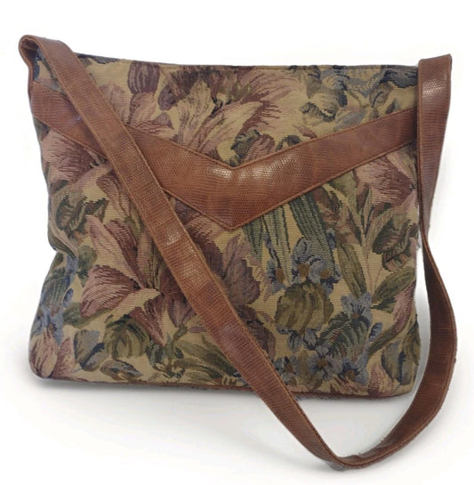 Floral Tapestry Shoulder Bag Embossed Faux Leather Trim 90s Y2K Cottagecore