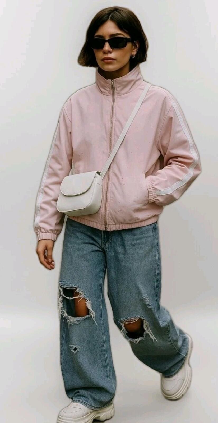 Vintage Pale Pink Distressed Track Jacket W White Stripes Paint Splatters Sz L