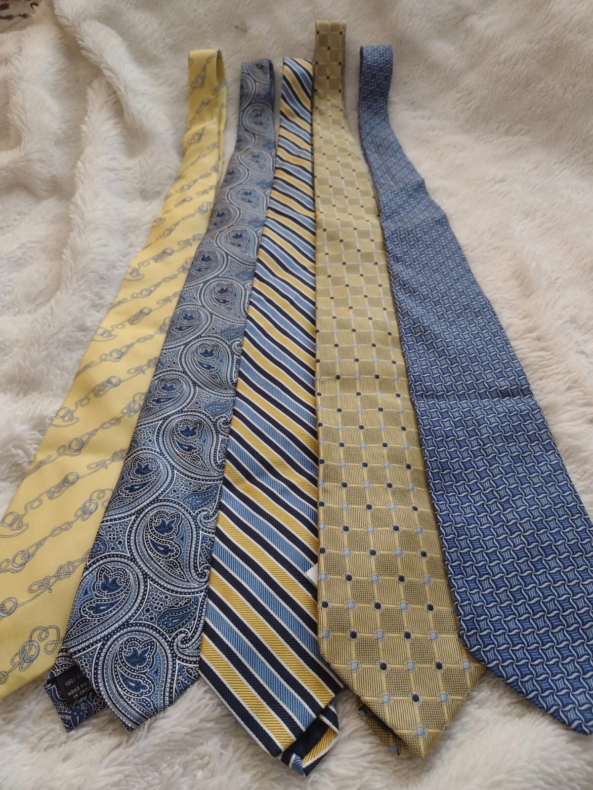 Lot Of 5 Designer Silk Ties Blue & Yellow Brooks Bros., Jos. A. Bank, Josh Bach