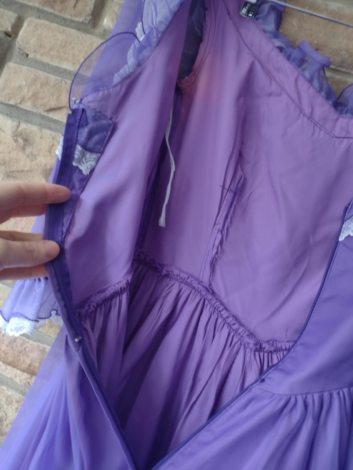 70s Purple Chiffon Prairie Gown Lace Ruffles Satin Lining S