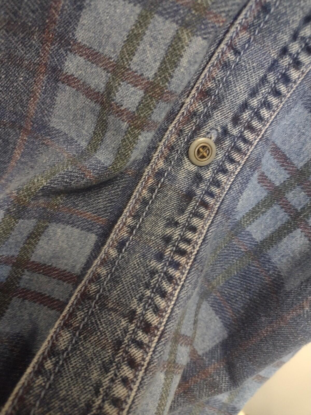 Vintage 90s Printed Plaid Denim Shirt Men’s L Grunge Double Denim Y2K Workwear