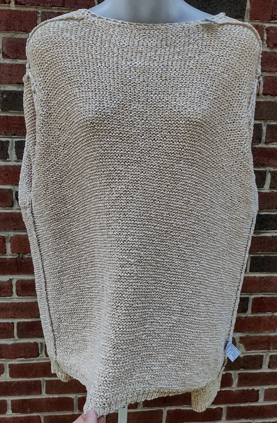 Open Knit Cardigan Sweater 1X Vintage 80s Oatmeal Tape Yarn Shell Buttons Boho