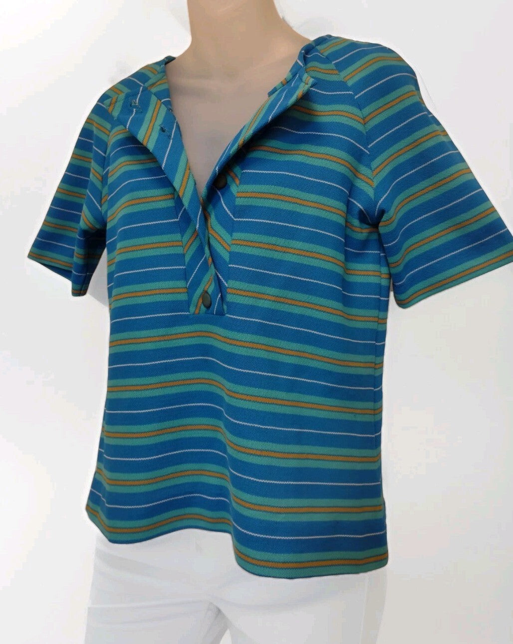 Vintage 60s Jantzen Striped Knit Top USA Mod Preppy Retro Nautical Blue Medium M