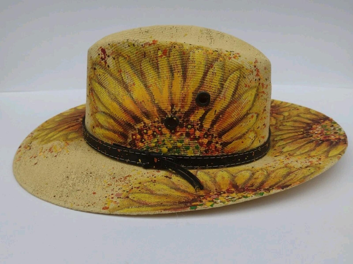 VTG Hand Painted Sunflower Mexican Straw Hat Leather Band Boho Western Ranch M