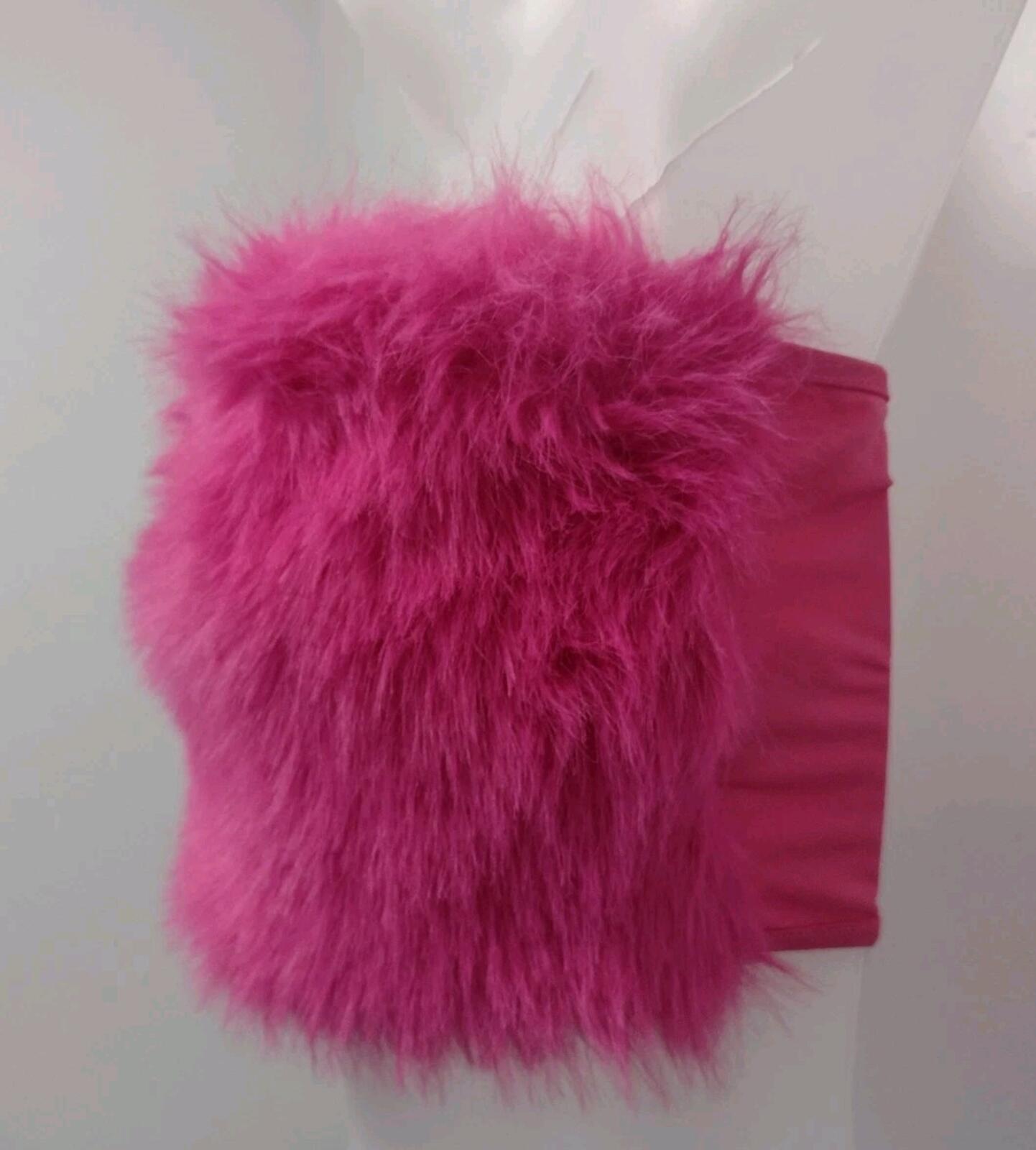 Hot Pink Faux Fur Crop Tube Top Y2K Style Washable Sz M