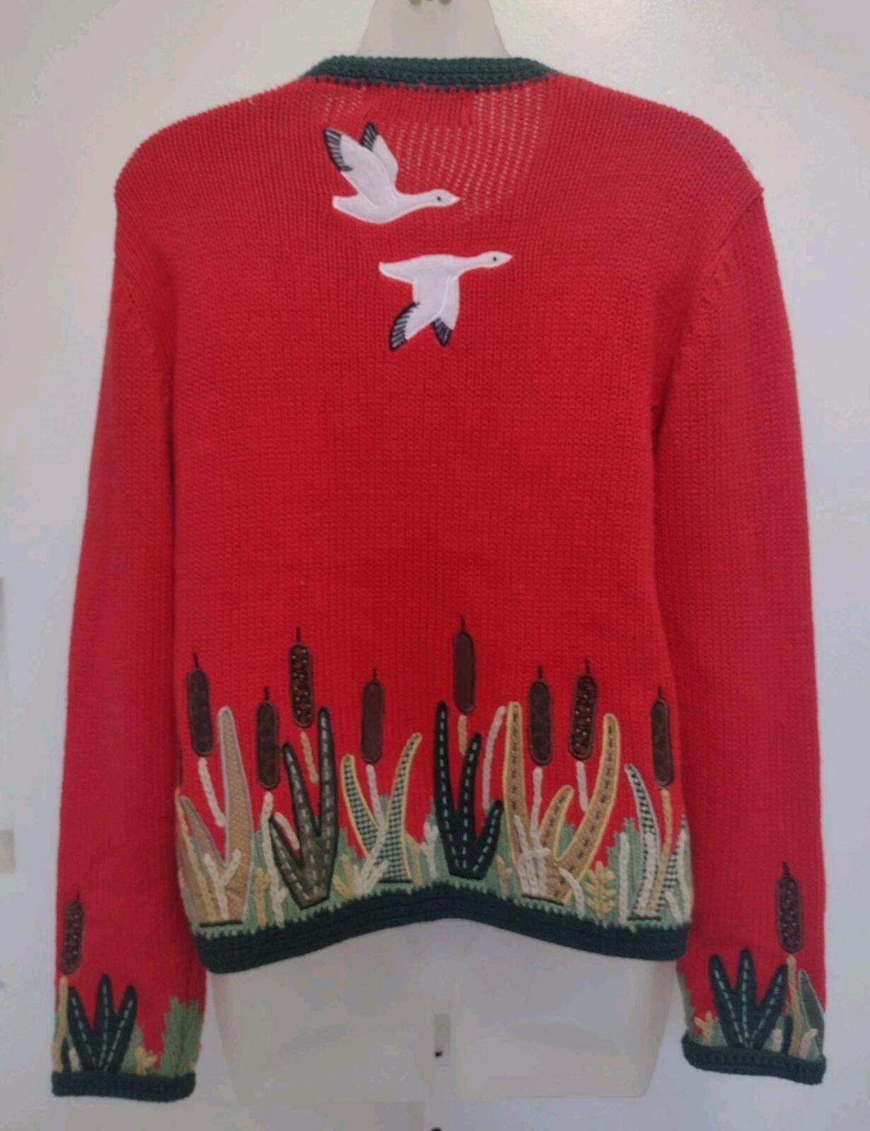 Orvis Ramie Cotton Duck Marsh Scene Sweater XS Wood Buttons Embroidered