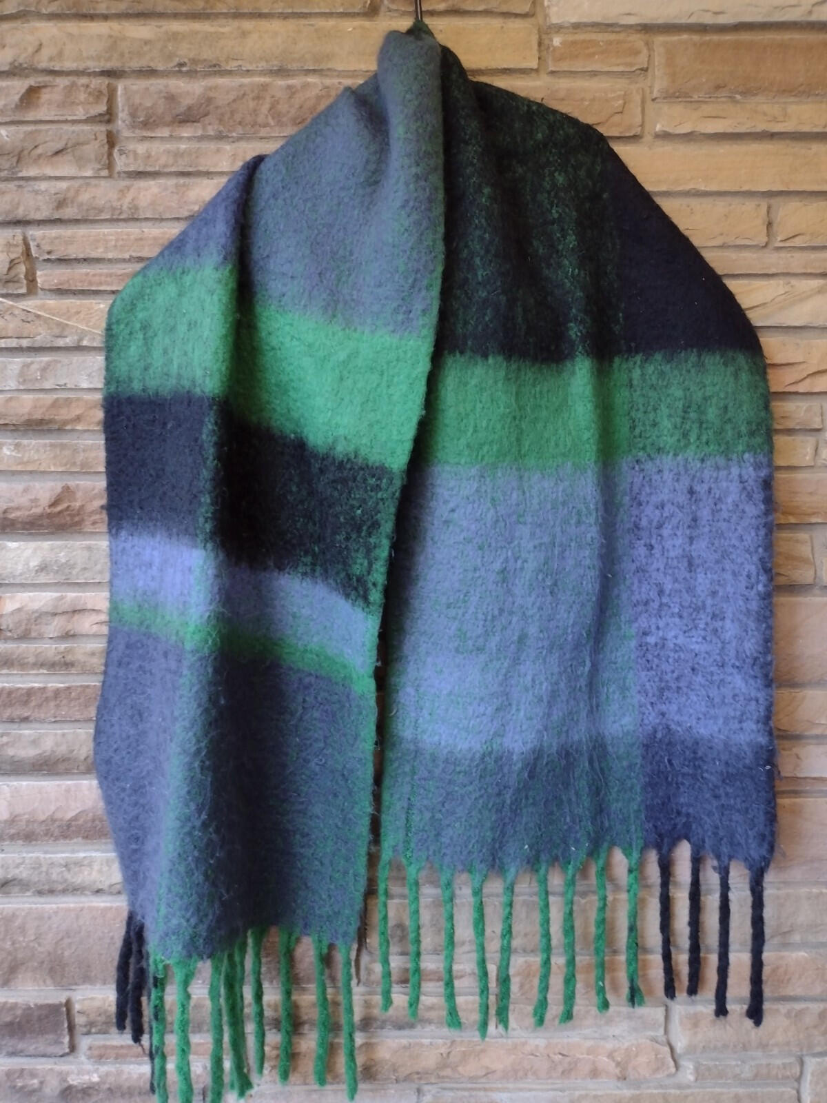 Soft & Fuzzy XL Large Scale Blue & Green Striped Fringe Scarf Wrap Shawl 96 X18