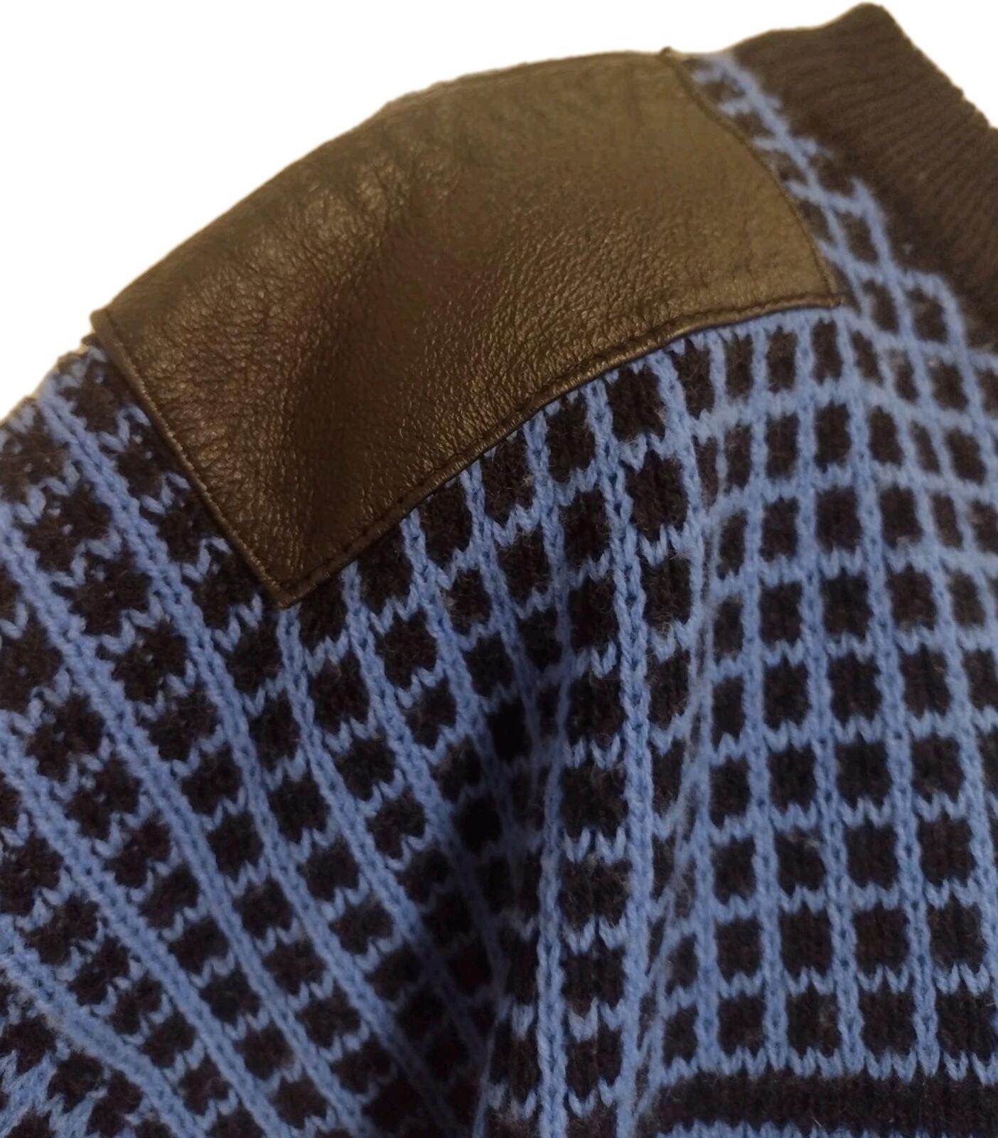 VTG 80s Men's Jonie Geometric Sweater L Korea Blue Black Knit Leather Patches