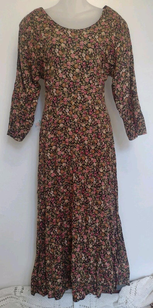 90s Pellini Floral Rayon Maxi Dress S Lace Up Back Prairie Cottagecore