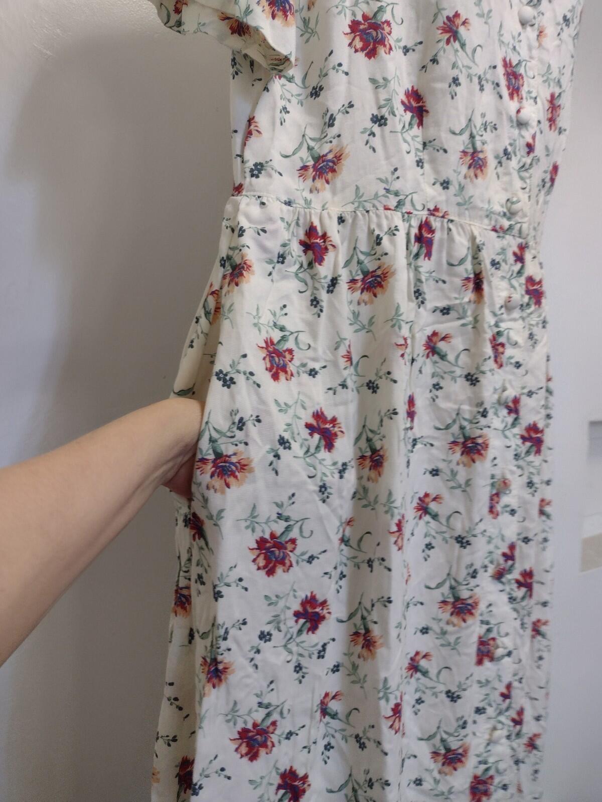 VTG L.L.Bean Floral Rayon Dress Petite 14 Made in USA Button Front Tie Back