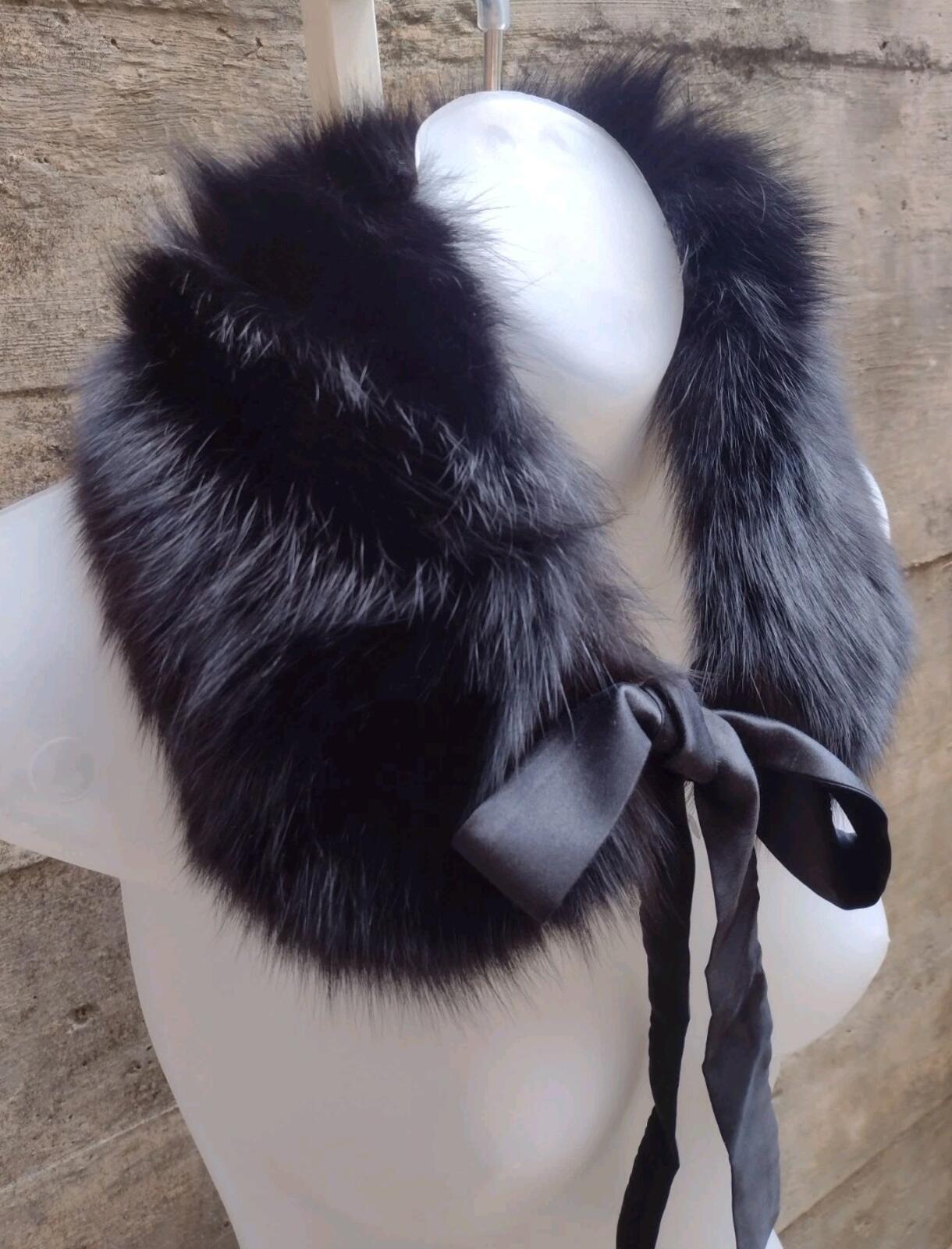 Vintage Bloomingdale’s Fox Fur Collar Black Satin Ribbon Tie Luxe Wrap NWOT