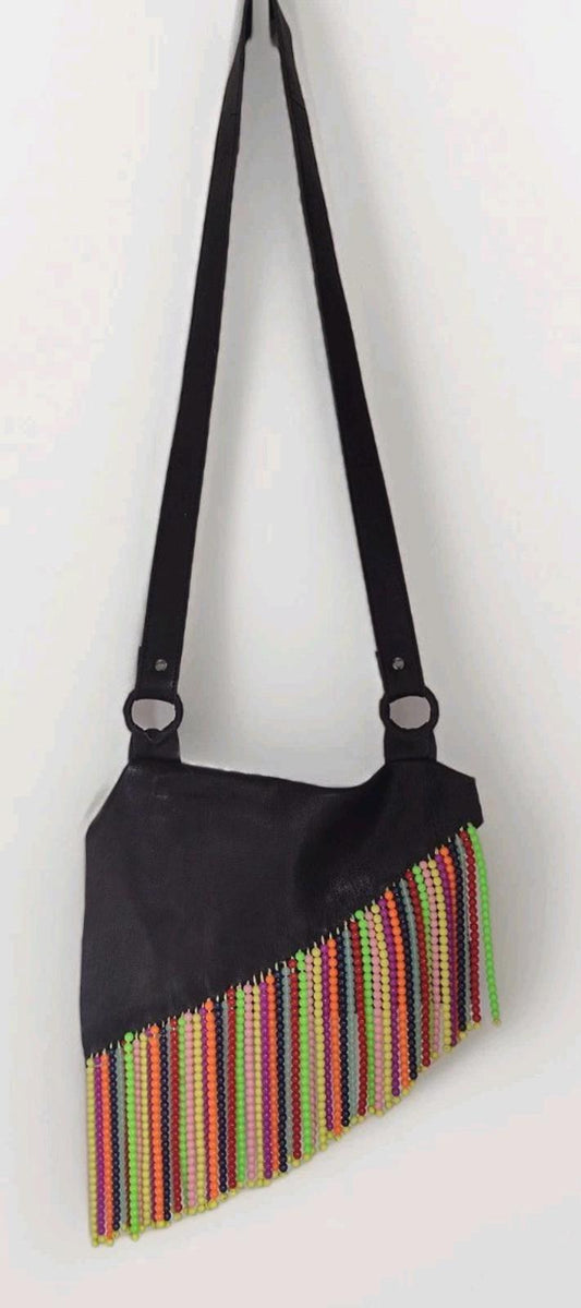 Jules Reid Lambskin Leather Crossbody Bag Beaded Tassel Flap Boho Festival New
