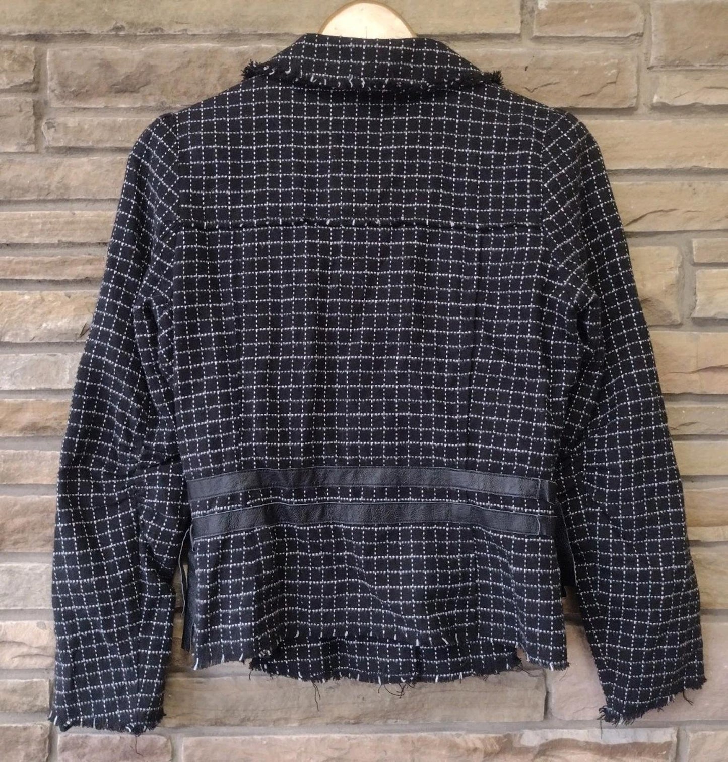 VTG 90s Y2K Free People Grid Tweed Blazer Jacket Size 8 Raw Edges Leather Straps