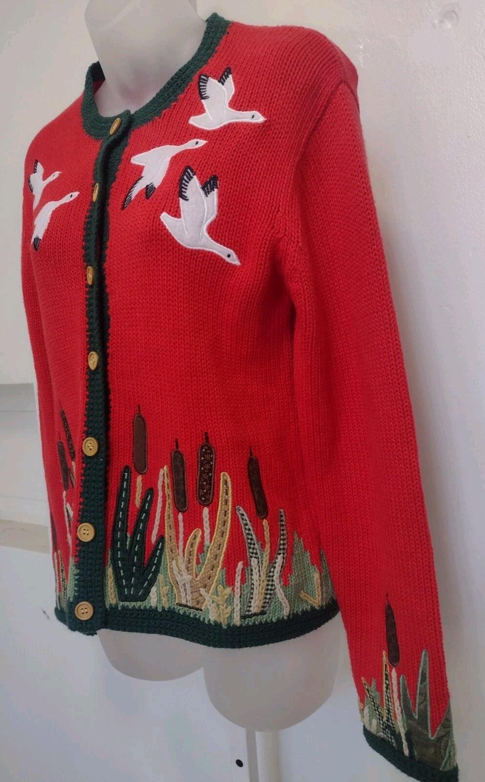 Orvis Ramie Cotton Duck Marsh Scene Sweater XS Wood Buttons Embroidered