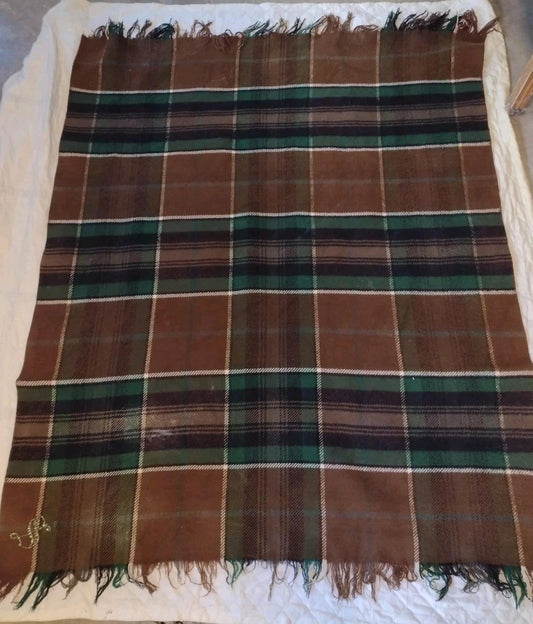 VTG 70s Wool Plaid Stadium Blanket Brown Green Double Cloth Fringe Monogram S