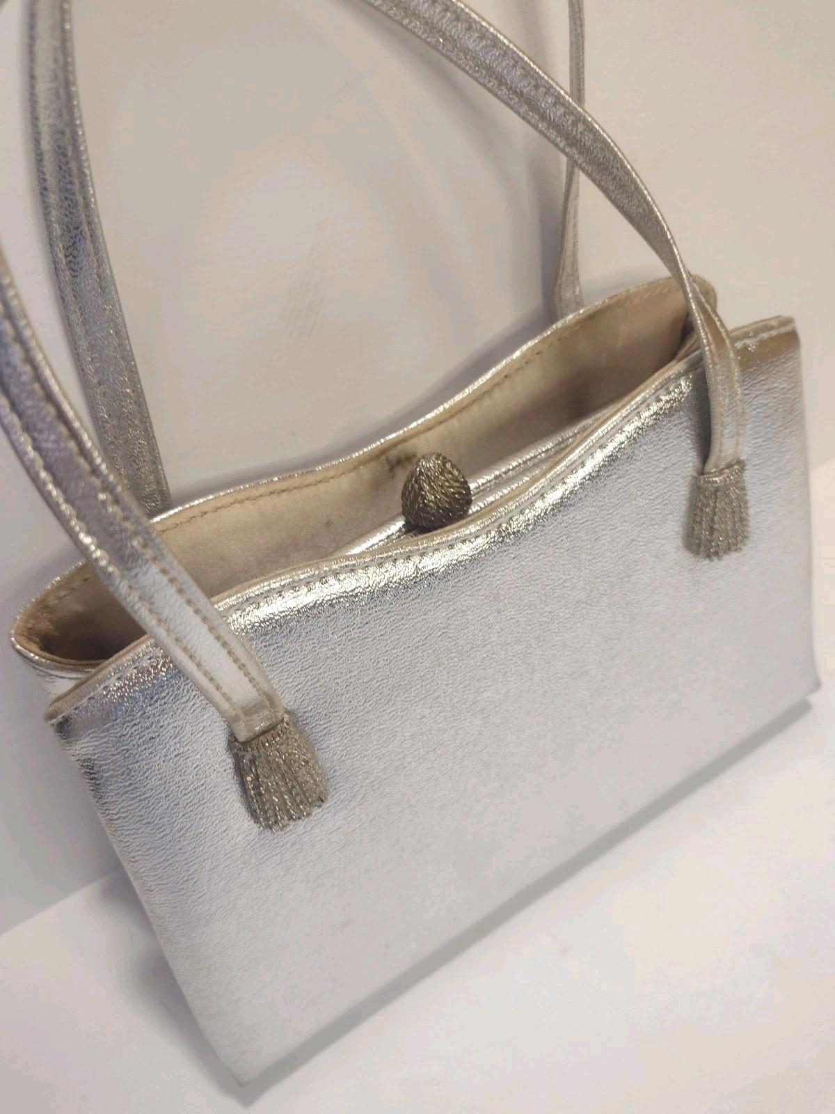 VTG 50s Silver Metallic Frame Bag HL USA Faux Leather Rope Clasp Tassel Detail