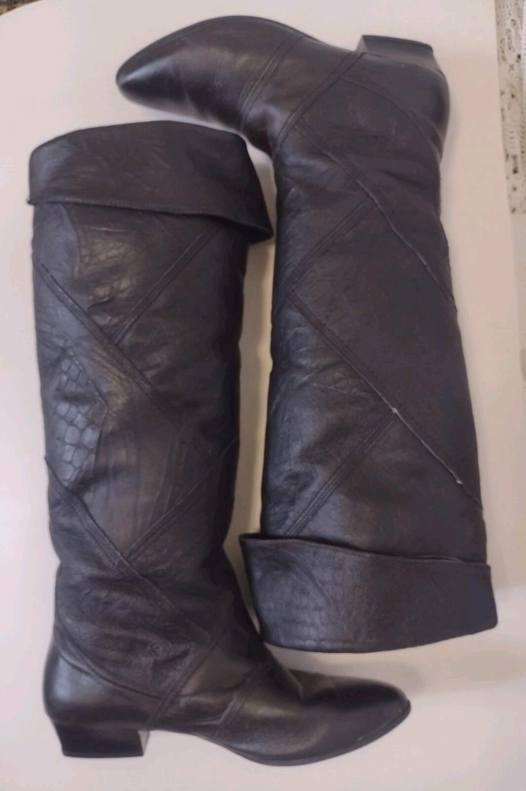Vintage 70s Patchwork Leather Knee High Boots Faux Fur Lined Renaissance Sz 8