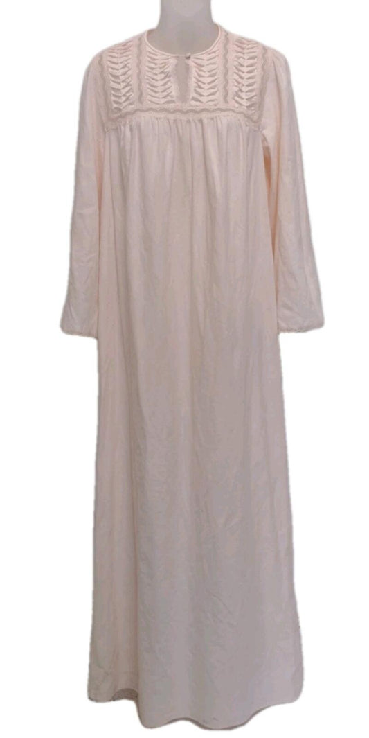 VTG 70s Vanity Fair Nylon Nightgown Brushed Lace Bib Granny Gown S Pink