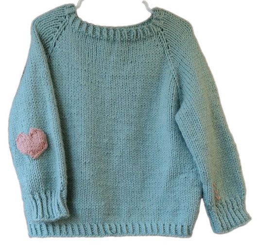 Handmade Wool Blend Green Sweater w/ Pink Heart Elbow Patches Boat Neck M/L