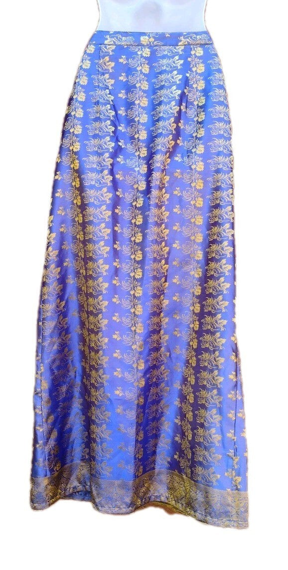 Soho Village Wear Wrap Maxi Skirt Blue Gold Floral Brocade Chinoiserie Boho M