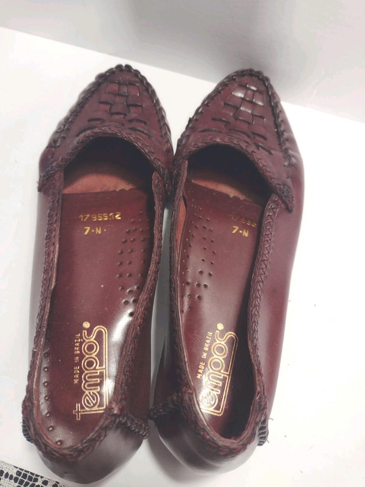 VTG 80s Tempos Woven Leather Loafers 7N Brazil Burgundy Brown Slip On
