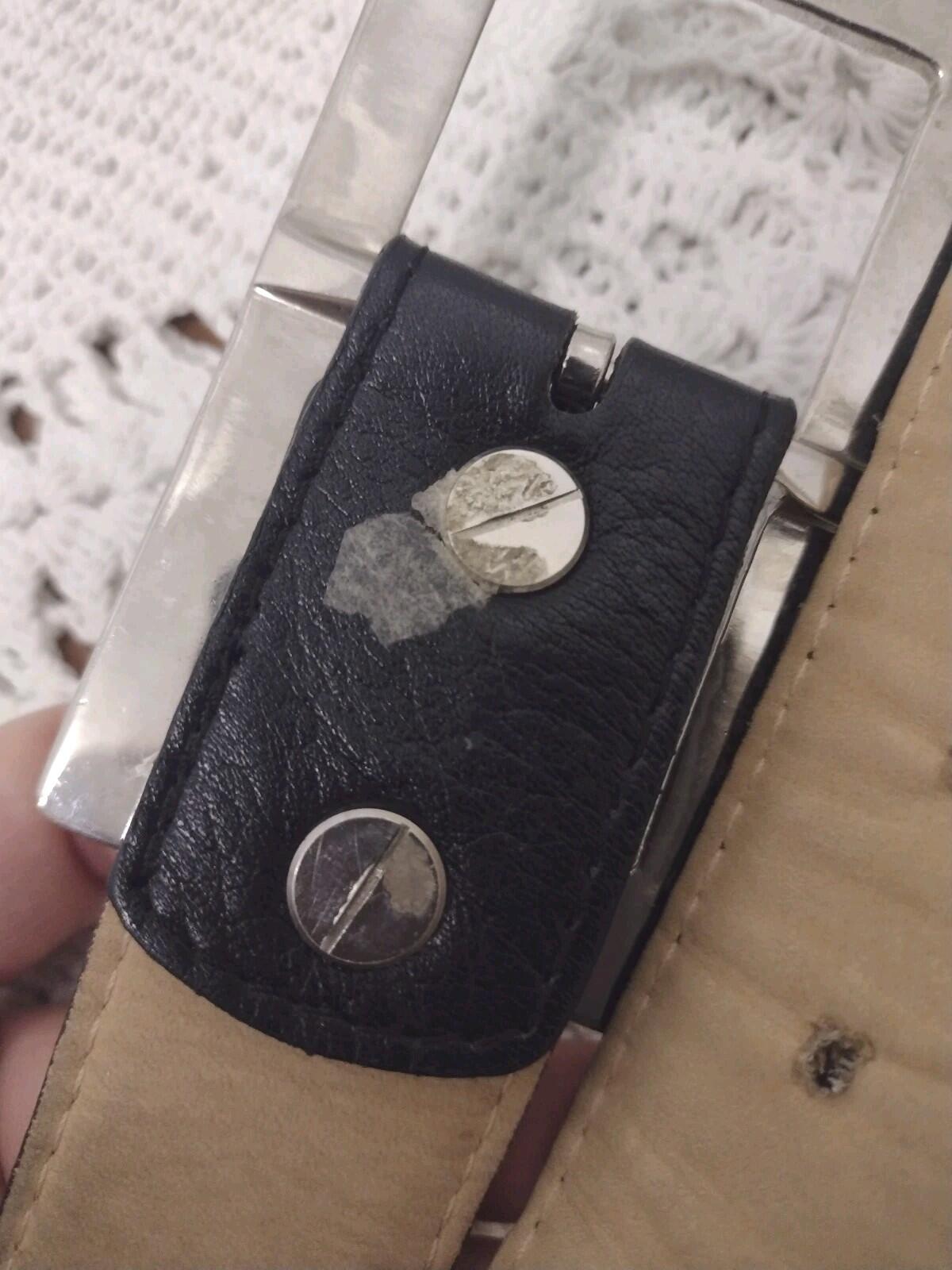 Vintage 70s LAND Leather Belt Black Soft Leather Silver Buckle Logo 32–36 In