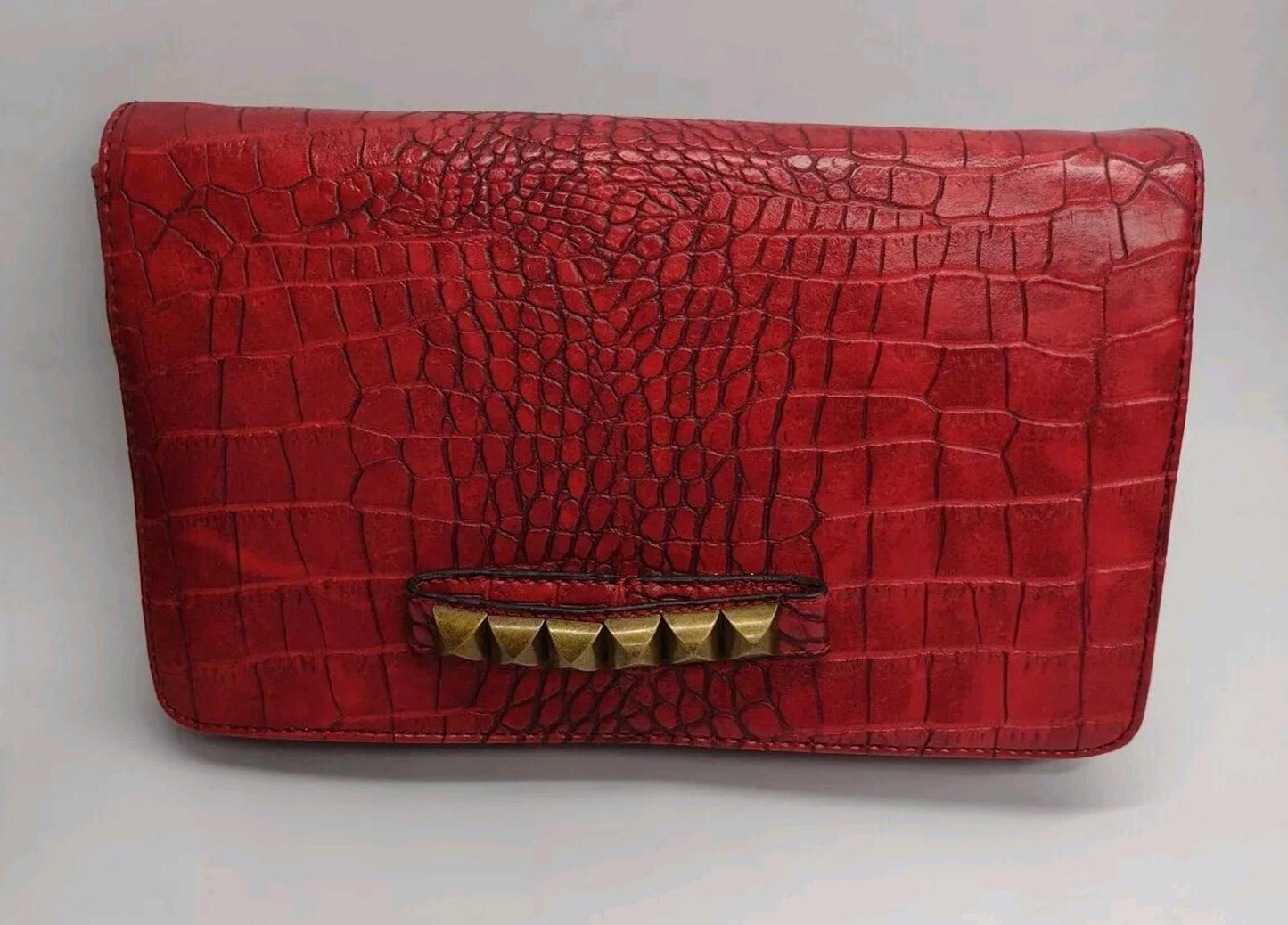 New Red Vegan Leather Croc Embossed Shoulder Bags / Clutch W Brass Stud Accents