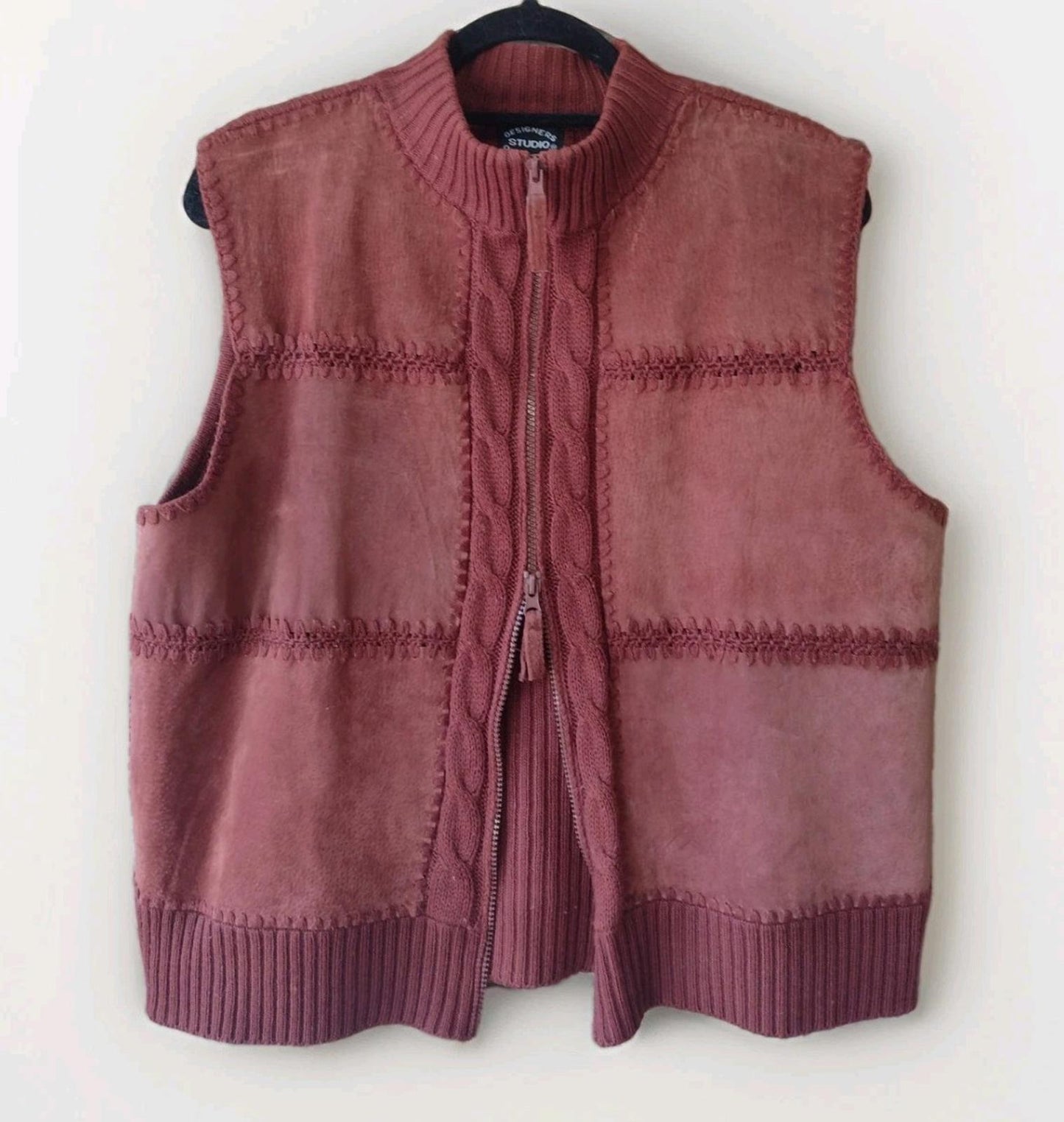 VTG Rust Knit Suede Vest XL 2-Way Zip Crochet Trim Y2K Boho Western RN63757
