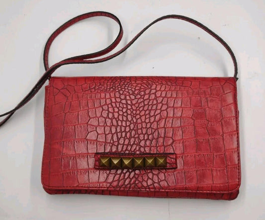 New Red Vegan Leather Croc Embossed Shoulder Bags / Clutch W Brass Stud Accents