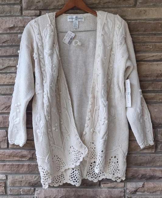 Vintage Meeting Street Ramie Cotton Embroidered Cardigan M Deadstock Lace Knit
