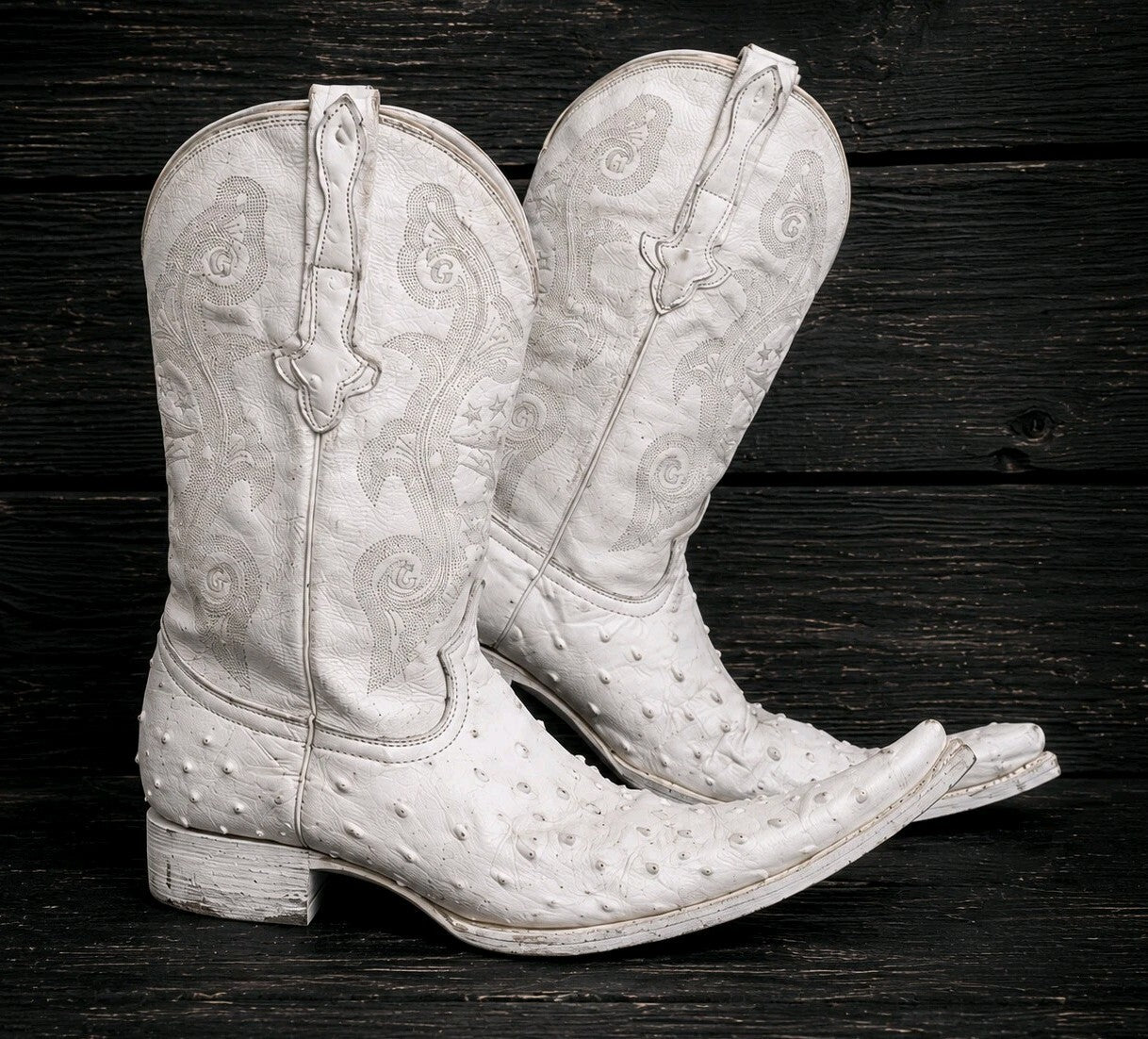 Vintage El General White Ostrich Cowboy Boots Eagle Snip Toe Western US 12