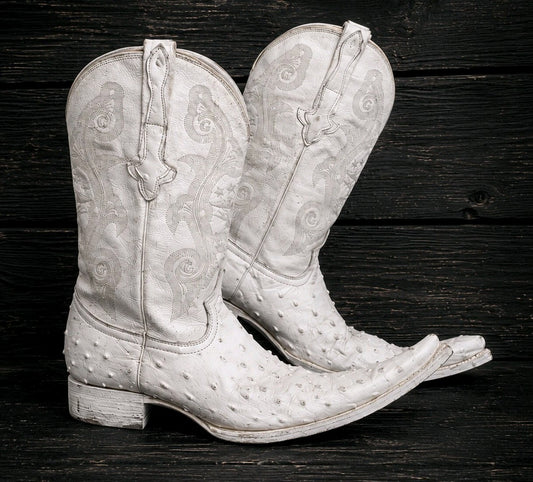 Vintage El General White Ostrich Cowboy Boots Eagle Snip Toe Western US 12