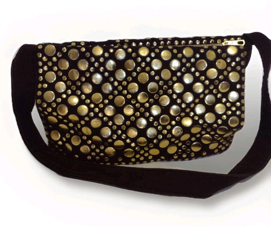 VTG 70s Boho Glam Corduroy Gold Medallion Shoulder Bag Hong Kong Purse Studio 54