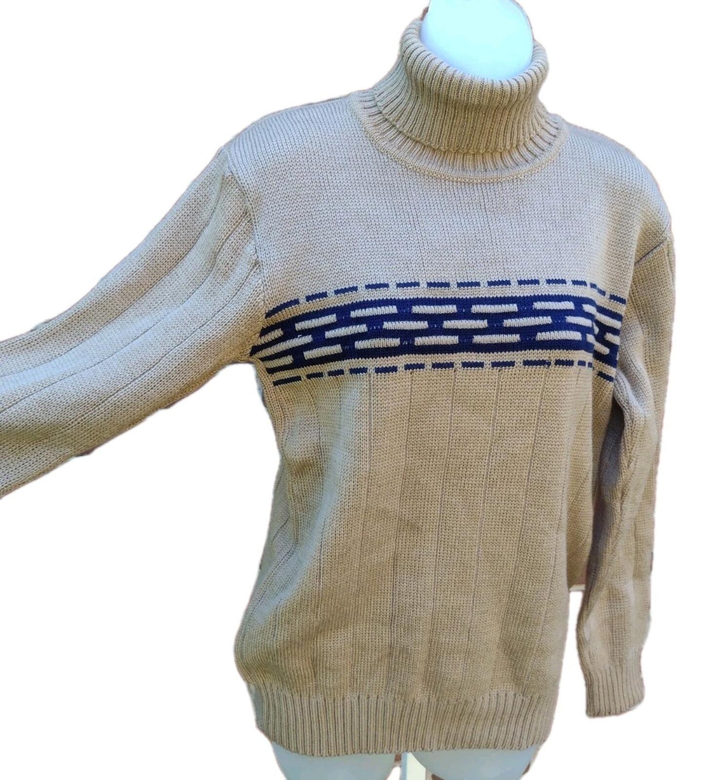 Vintage Tan Navy Turtleneck Sweater Acrylic Blend Ribbed Knit Women M/LSki