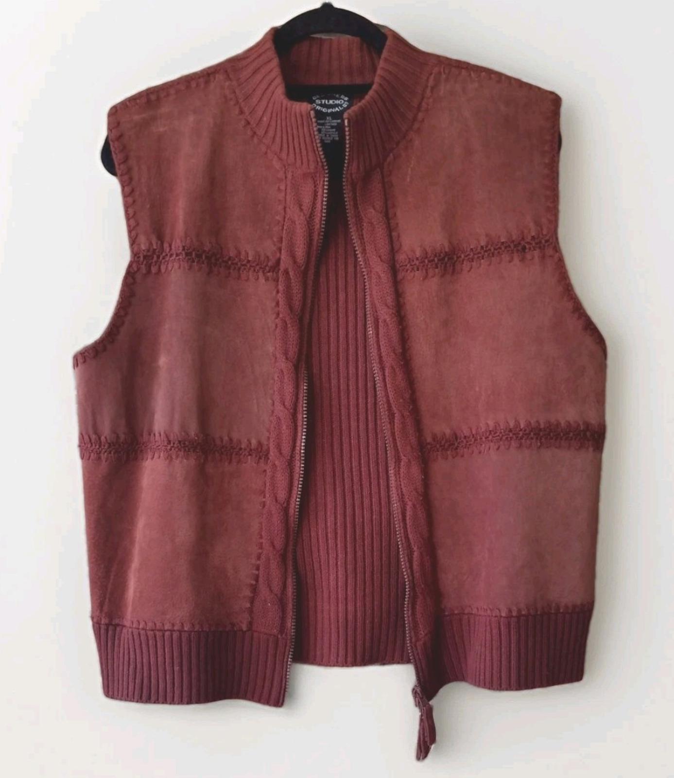 VTG Rust Knit Suede Vest XL 2-Way Zip Crochet Trim Y2K Boho Western RN63757