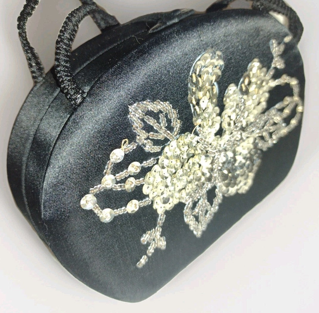 VTG 50s Black Satin Beaded Evening Bag Mirror Cocktail Formal Old Hollywood