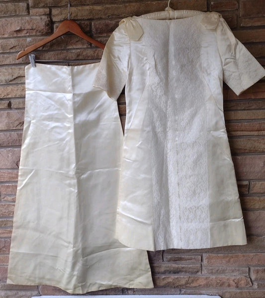 🔥 VTG 1960s Custom Catherine Chappell Ivory Satin Wedding Dress w/ Capelet