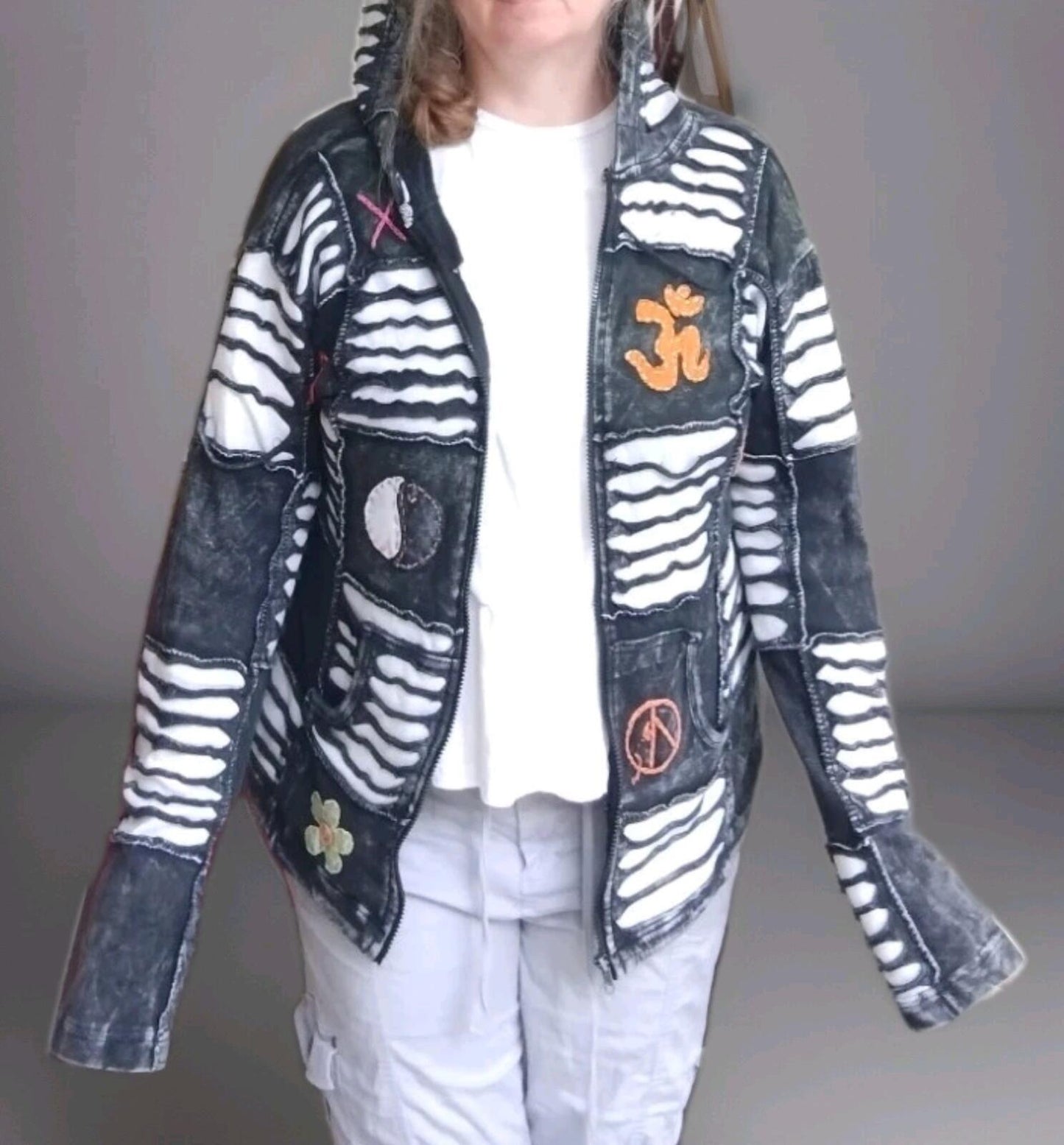 Gray Black Stonewashed Slashed Patchwork Pixie Hooded Jacket Sz XXL