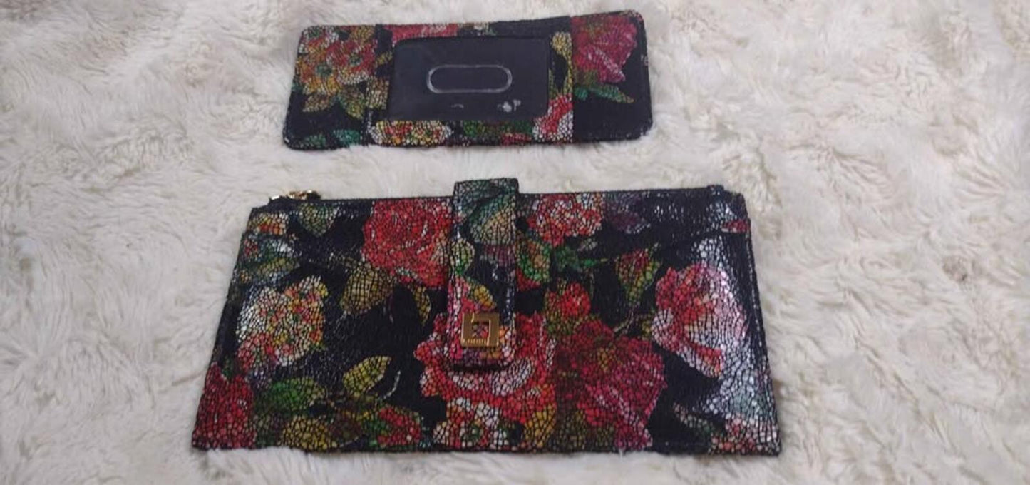Lodis crackle suede floral print wallet removable credit card pouch
