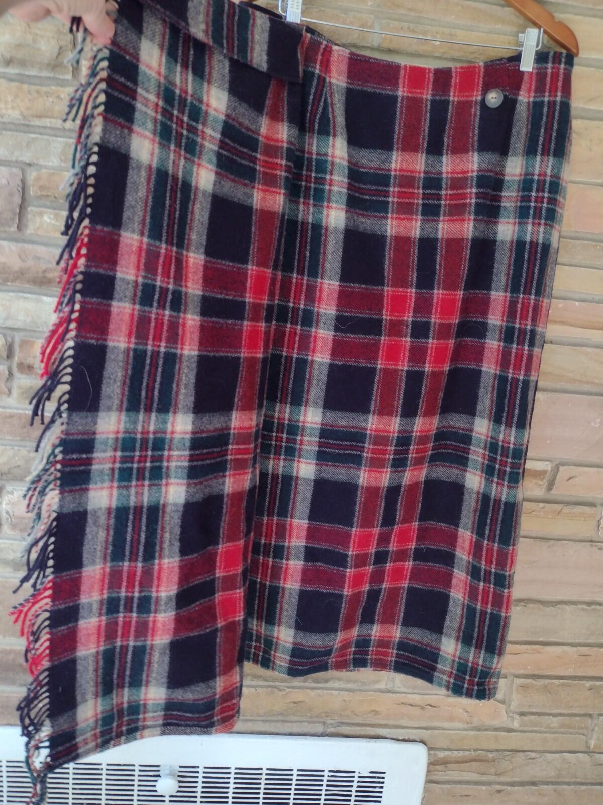 VTG 90s Eddie Bauer USA Wool Plaid Wrap Skirt Women’s Tall 20 Fringe