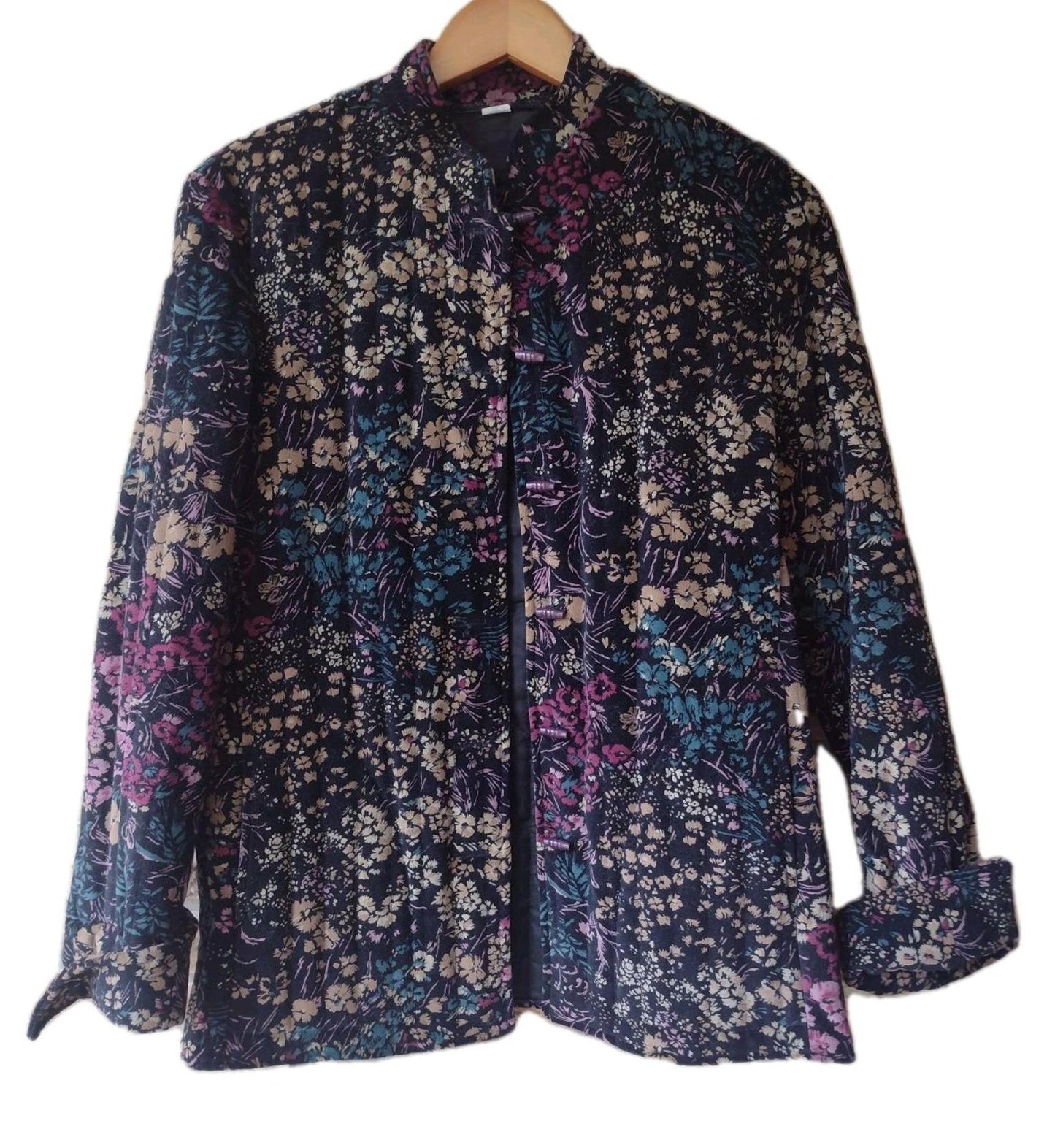 Vintage 80s Quilted Velvet Floral Jacket Toggle Buttons Mandarin Collar Lot 9/10