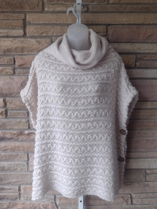 Knit Textured Cowl Neck Sleeveless Sweater Cream Acrylic Pullover Poncho OS