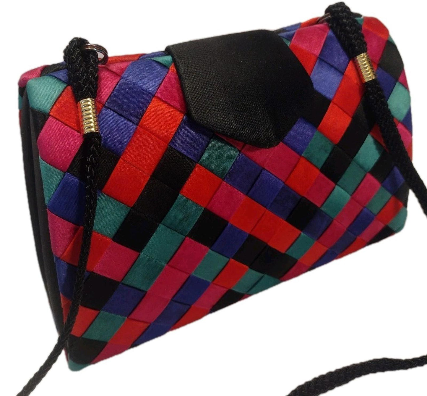 VTG VANESSA Woven Ribbon Hard Shell Clutch Shoulder Bag Multicolor Satin Lined