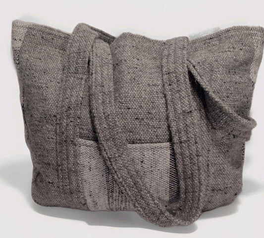 1960s–70s Au Terroir Hand Loomed Wool Tote Bag Gray Speckled Canada Artisan