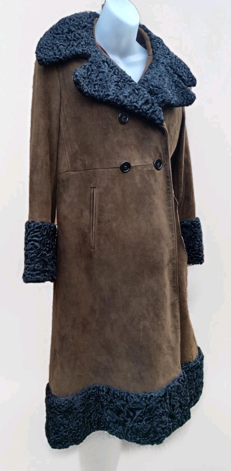 VTG 60s Anne Klein Mallory Penny Lane Suede Coat Curly Lamb Trim Boho Sz 10