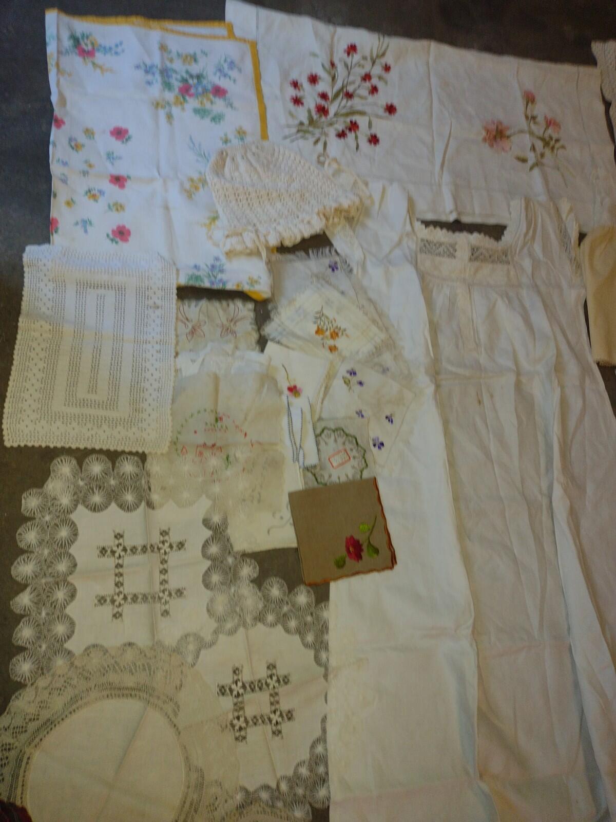 Antique & Vintage Textile Lot 58pc Linens Lace Nightgown Bonnet Dress Estate