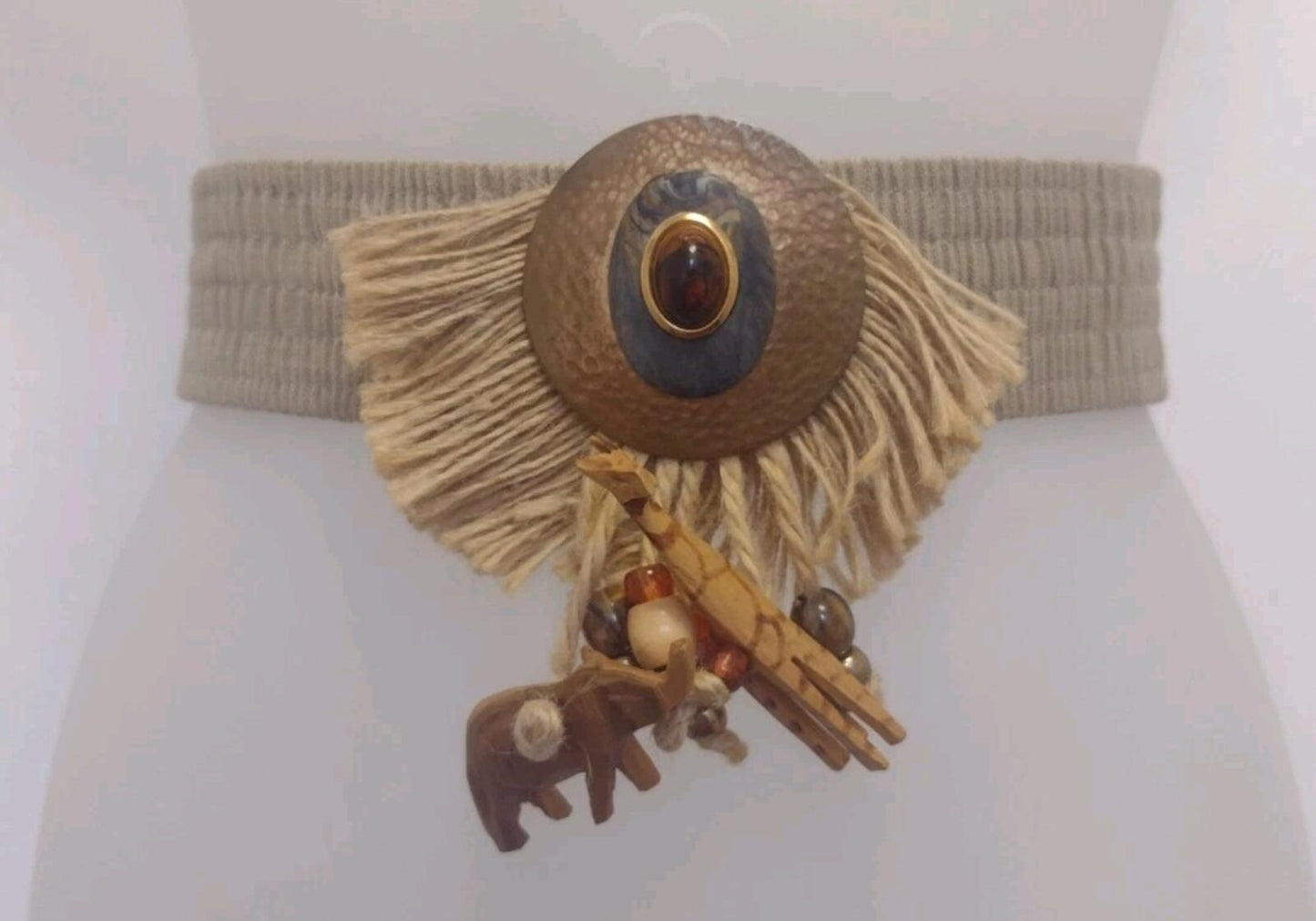 VTG 60s Artisan Stretch Belt Brass Tiger’s Eye Wood Beads Safari Animals Boho